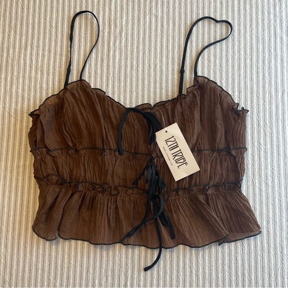 12th Tribe Tops - 12th Tribe Brown Plisse Ruffle Cami Top XL - Smocked Cropped Bodice‎ Zipper #685